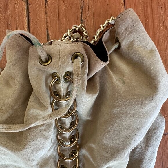 Vintage One of a Kind Made in USA Leather Chain Bucket Bag w/ Rings Grommets - Picture 8 of 17